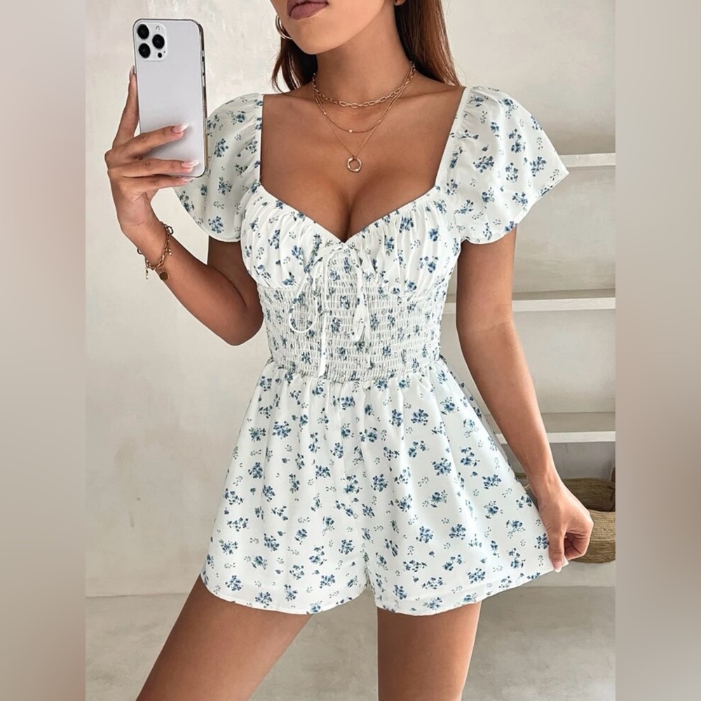 White and Blue Floral Romper